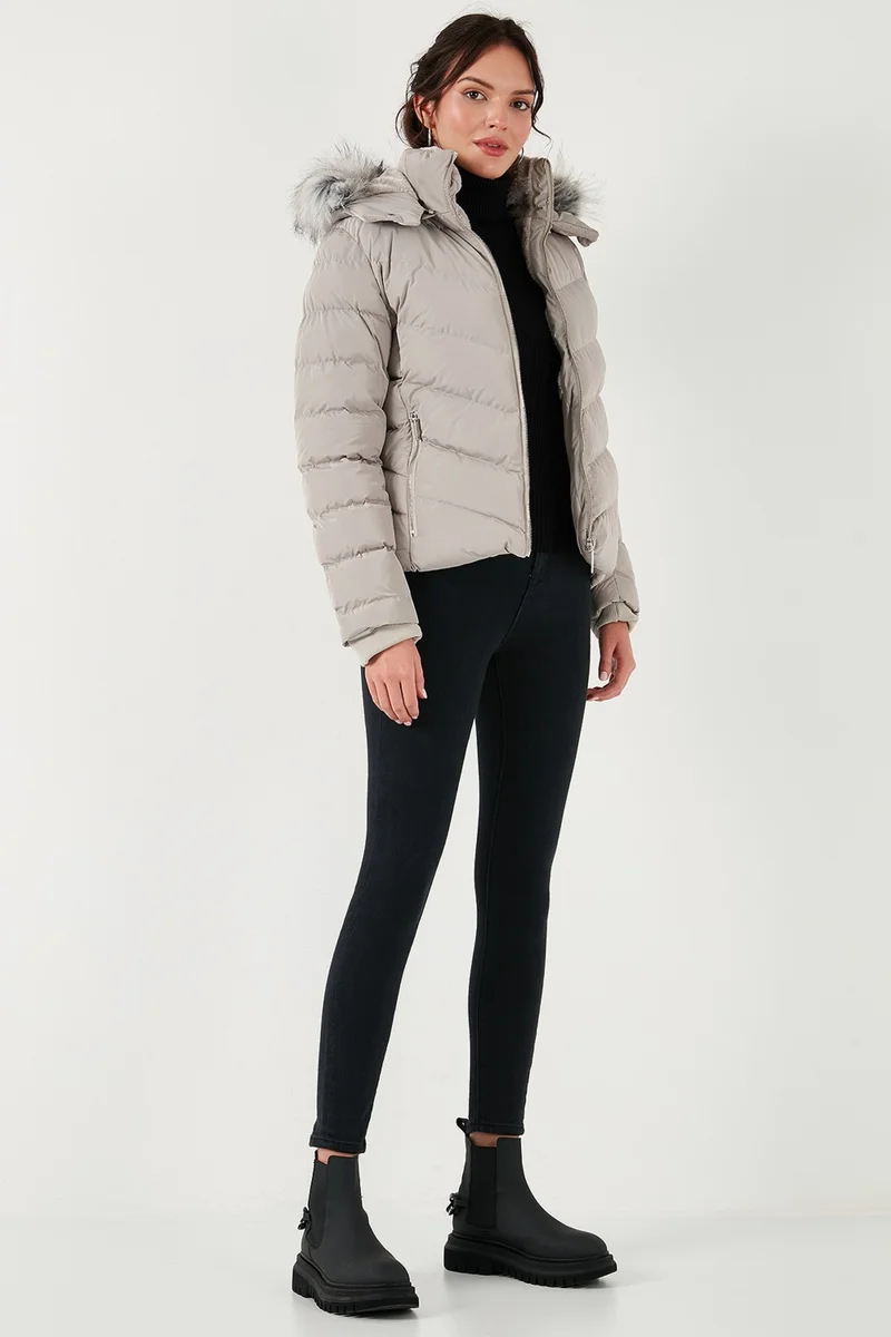 Lela Regular Fit Detachable Hooded Zippered Pocket Puffer Jacket Women's Jacket 497DINA