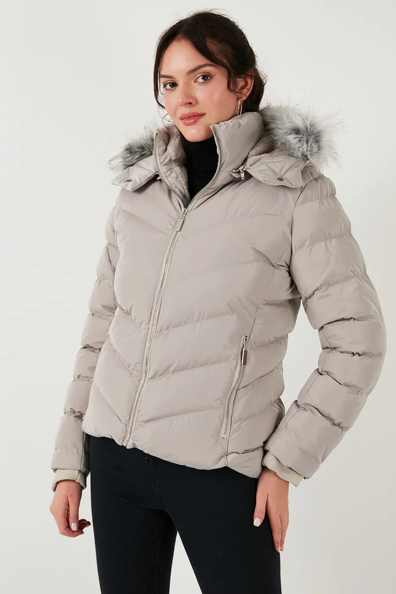 Lela Regular Fit Detachable Hooded Zippered Pocket Puffer Jacket Women's Jacket 497DINA