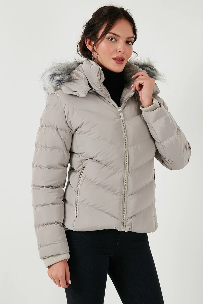 Lela Regular Fit Detachable Hooded Zippered Pocket Puffer Jacket Women's Jacket 497DINA