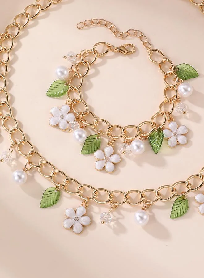 Girls Gold-Tone Flower and Pearl Charm Link Necklace and Bracelet Set