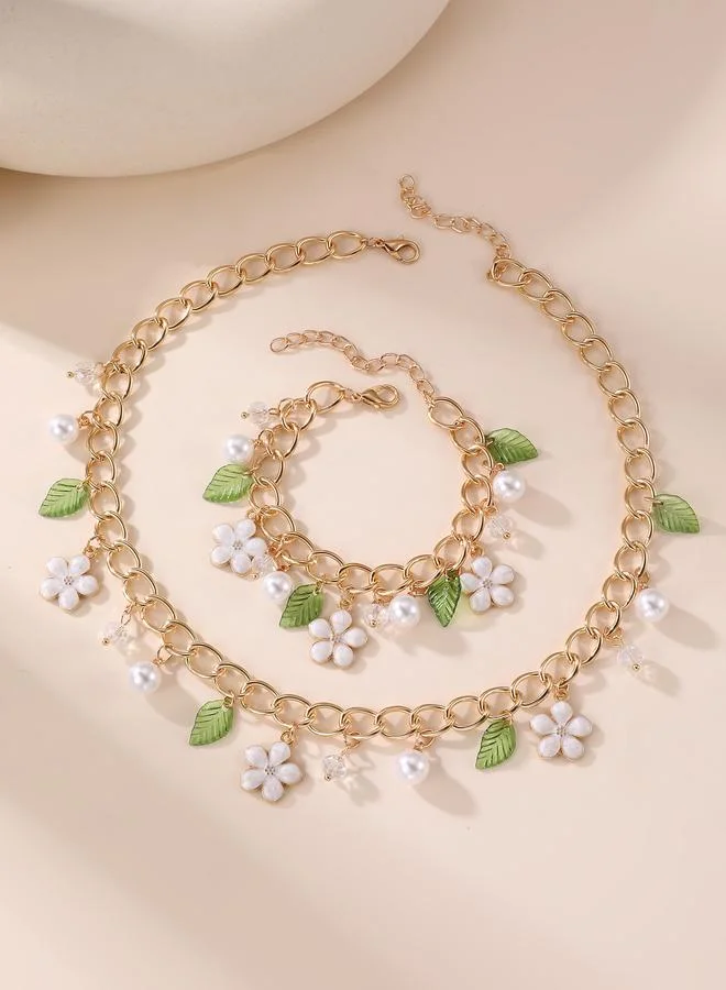 Take Two  Girls Gold-Tone Flower and Pearl Charm Link Necklace and Bracelet Set for Women | Best Price UAE