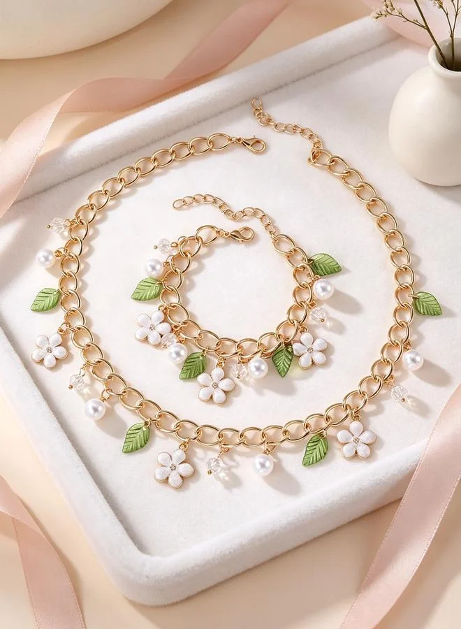 Take Two  Girls Gold-Tone Flower and Pearl Charm Link Necklace and Bracelet Set for Women | Best Price UAE
