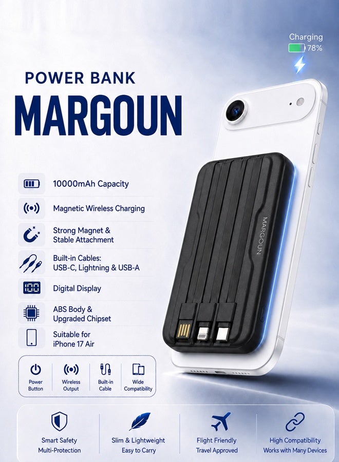 Magnetic Power Bank 10000mAh for iPhone 17 Air – MagSafe Compatible Portable Wireless Charger with Built-in Cables Type-C, Lightning, USB & Digital LED Display black