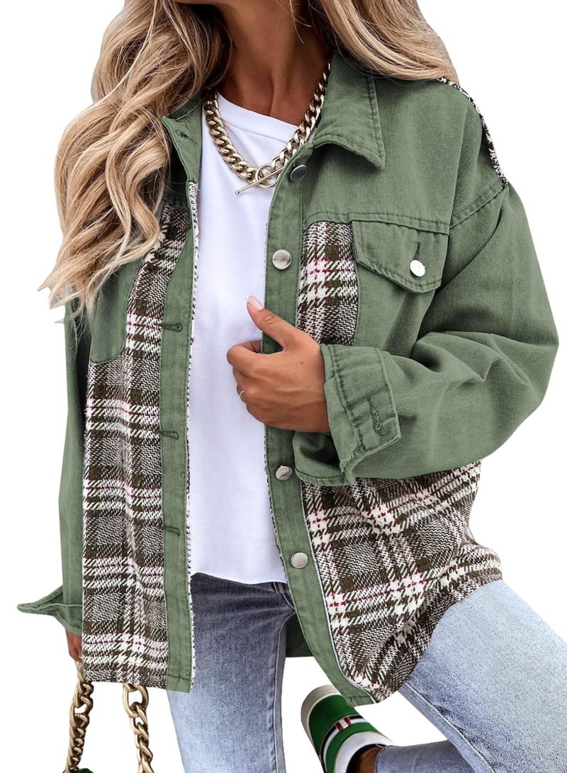 Shein SHEWIN Jackets for Women Oversized Plaid Jean Jacket Long Sleeve Boyfriend Denim Jacket Lightweight Fall Winter Jackets for Women 2025 Green XX-Large - Image 1