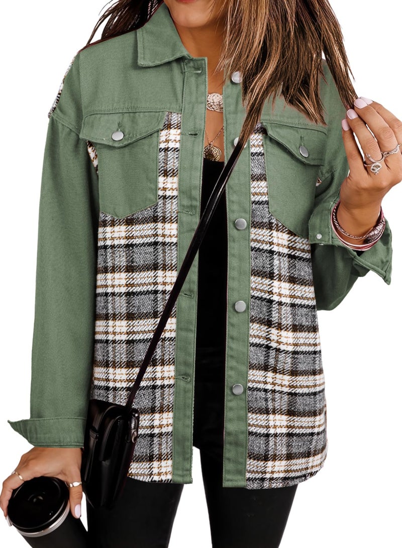 Shein SHEWIN Jackets for Women Oversized Plaid Jean Jacket Long Sleeve Boyfriend Denim Jacket Lightweight Fall Winter Jackets for Women 2025 Green XX-Large - Image 2