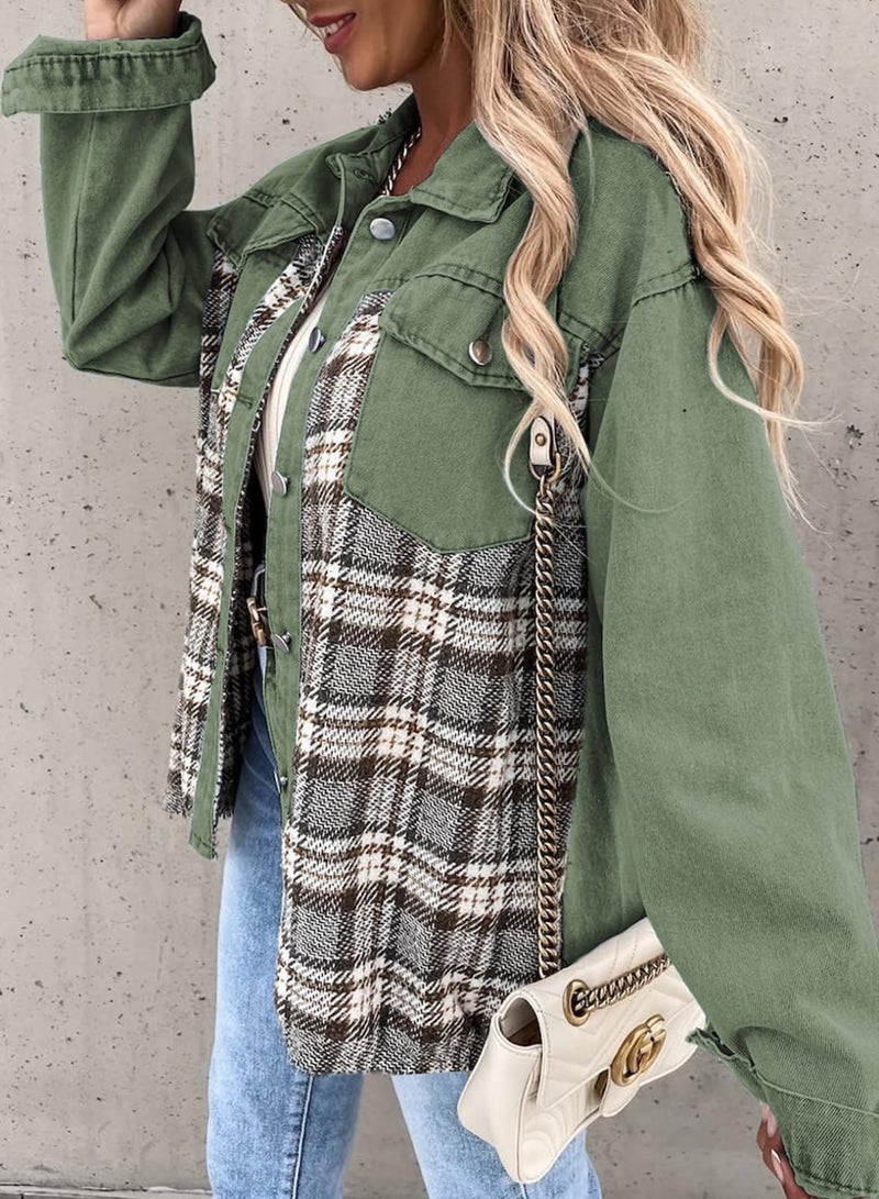 Shein SHEWIN Jackets for Women Oversized Plaid Jean Jacket Long Sleeve Boyfriend Denim Jacket Lightweight Fall Winter Jackets for Women 2025 Green XX-Large - Image 5