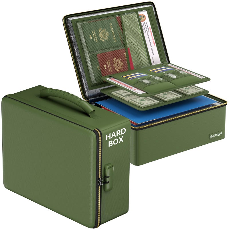ENGPOW Fireproof Document Box, Hard Fireproof Box with Fireproof Zipperï¼†Lock, 6400Â°F Heat Insulated Fireproof Water Resistant File Organizer Storage Box Safe for Important Documents,Valuable,Green - Image 1