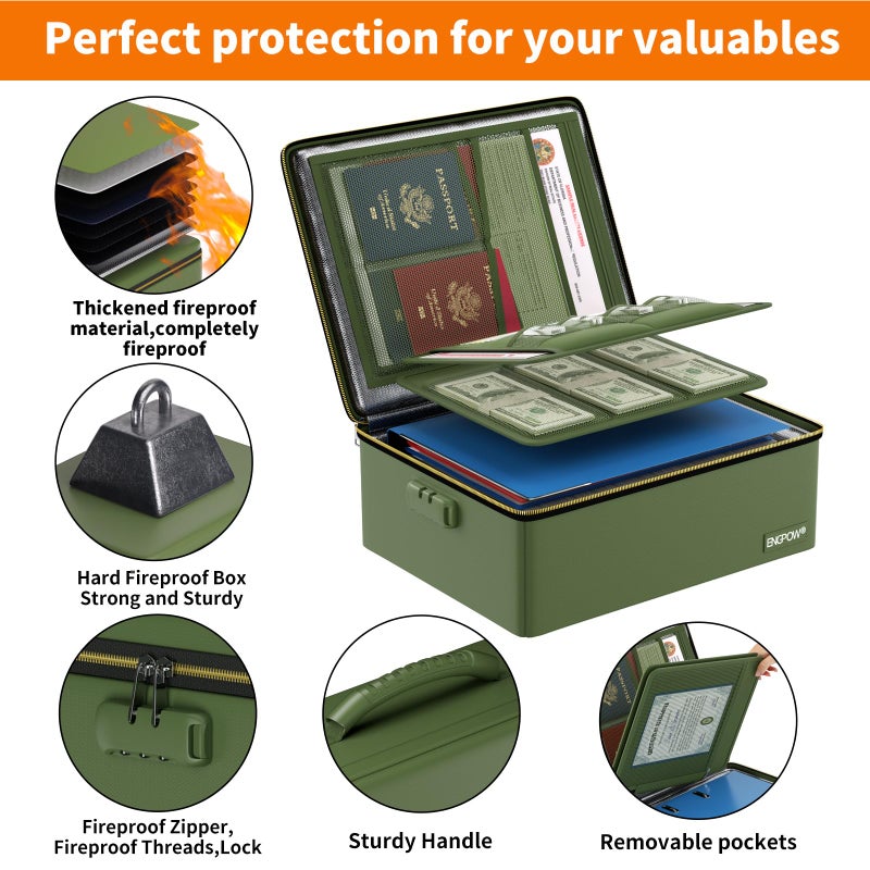 ENGPOW Fireproof Document Box, Hard Fireproof Box with Fireproof Zipperï¼†Lock, 6400Â°F Heat Insulated Fireproof Water Resistant File Organizer Storage Box Safe for Important Documents,Valuable,Green - Image 4