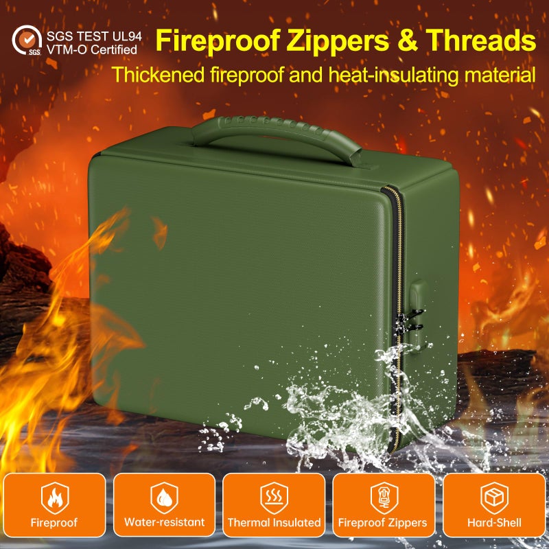 ENGPOW Fireproof Document Box, Hard Fireproof Box with Fireproof Zipperï¼†Lock, 6400Â°F Heat Insulated Fireproof Water Resistant File Organizer Storage Box Safe for Important Documents,Valuable,Green - Image 3