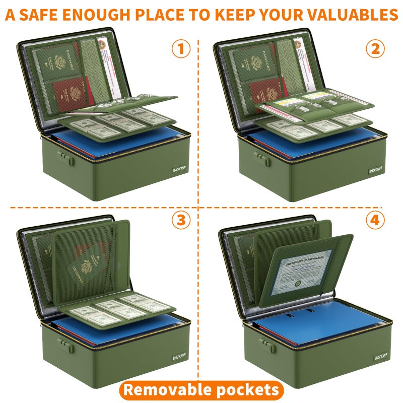 ENGPOW Fireproof Document Box, Hard Fireproof Box with Fireproof Zipperï¼†Lock, 6400Â°F Heat Insulated Fireproof Water Resistant File Organizer Storage Box Safe for Important Documents,Valuable,Green - Image 5