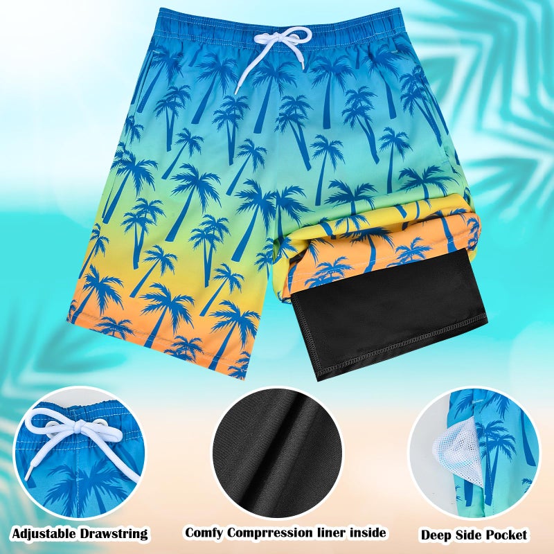 OlyPegic Boys Swim Trunks Size 14-16, Boy Swim Shorts Boy Bathing Suit Swimsuit Kids Swimwear Board Shorts with Boxer Brief Liner Compression Toddler Beach Running Swim Trunks (Coconut Tree) - Image 2