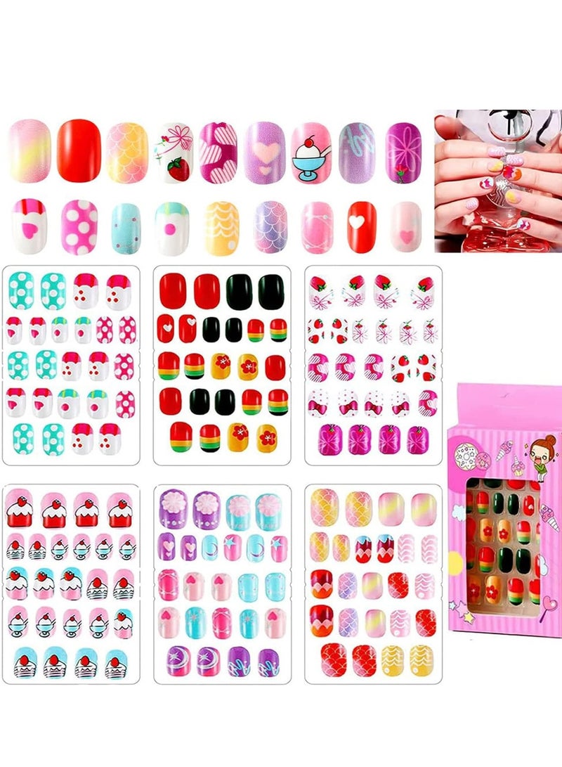 SYOSI 144 Pieces Kids Stick On Nails Full Cover Children False Short Press Sets Fake Cartoon Nail Pattern for Girls Art Decoration - Image 1
