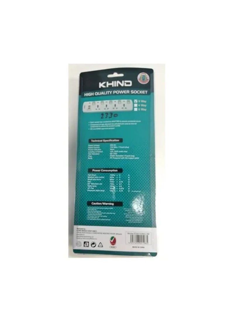 KHIND UNIVERSAL EXTENSION/TRAILING SOCKET 3WAY 3M WITH 2 USB SLOT FIRE RETARDANT BODY NEON INDICATOR MOLDED 13A PLUG 250V AC ES8133MU3M - Image 2