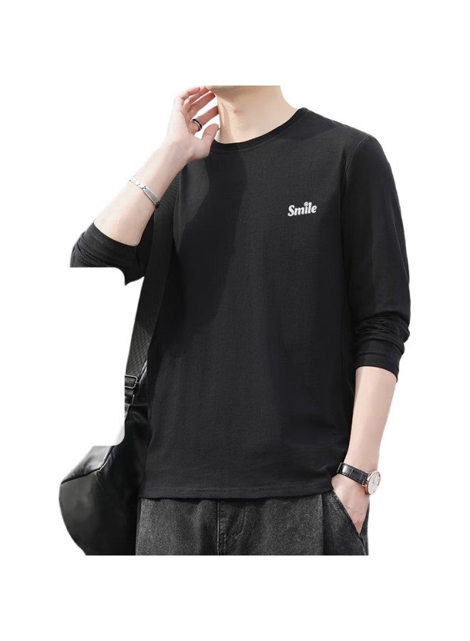 Pull Back Warrior Long-Sleeve T-Shirt For Men, Spring And Autumn Solid Color Pure Cotton Undershirt, Loose Round Neck Basic Versatile Top, Black 2Xl - Image 1