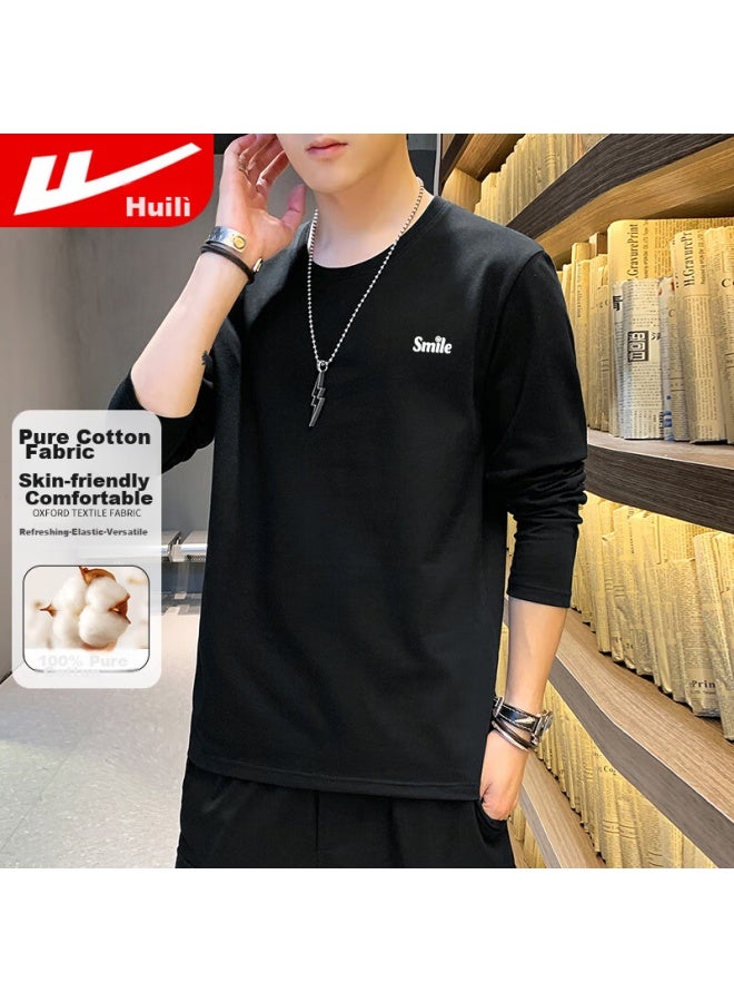 Pull Back Warrior Long-sleeve T-shirt For Men, Spring And Autumn Solid Color Pure Cotton Undershirt, Loose Round Neck Basic Versatile Top, Black 2XL - Image 1