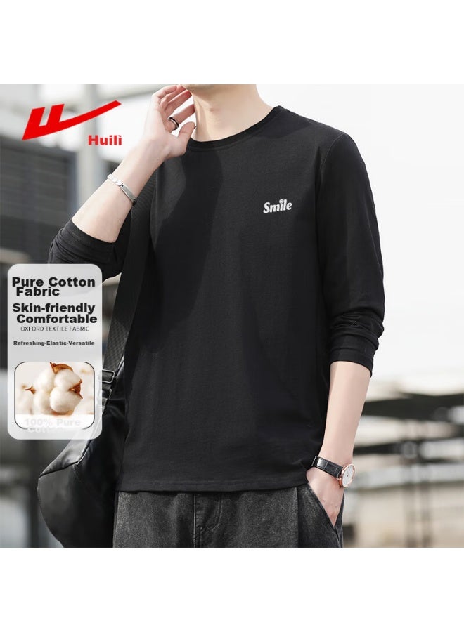 Pull Back Warrior Long-sleeve T-shirt For Men, Spring And Autumn Solid Color Pure Cotton Undershirt, Loose Round Neck Basic Versatile Top, Black 2XL - Image 2