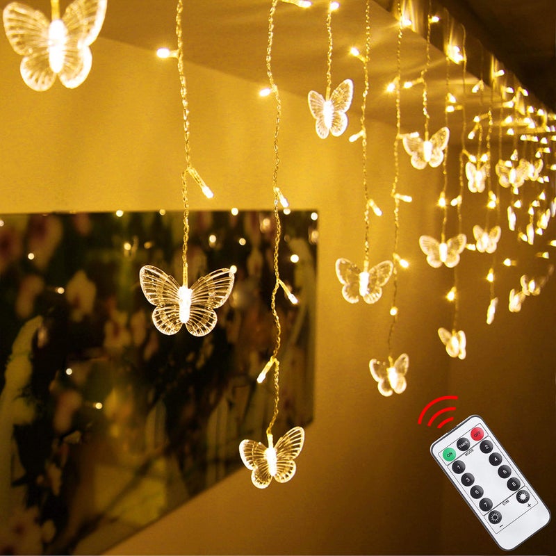 Decorman أضواء الستائر على شكل فراشة من ديكورمان 49 قدم 48 LED USB أضواء خيالية للنوافذ 10 فراشات 8 أوضاع وميض اليراعات مؤقت مع جهاز تحكم عن بعد للغرفة غرفة النوم الجدار السقف الحفلات الزفاف عيد الميلاد