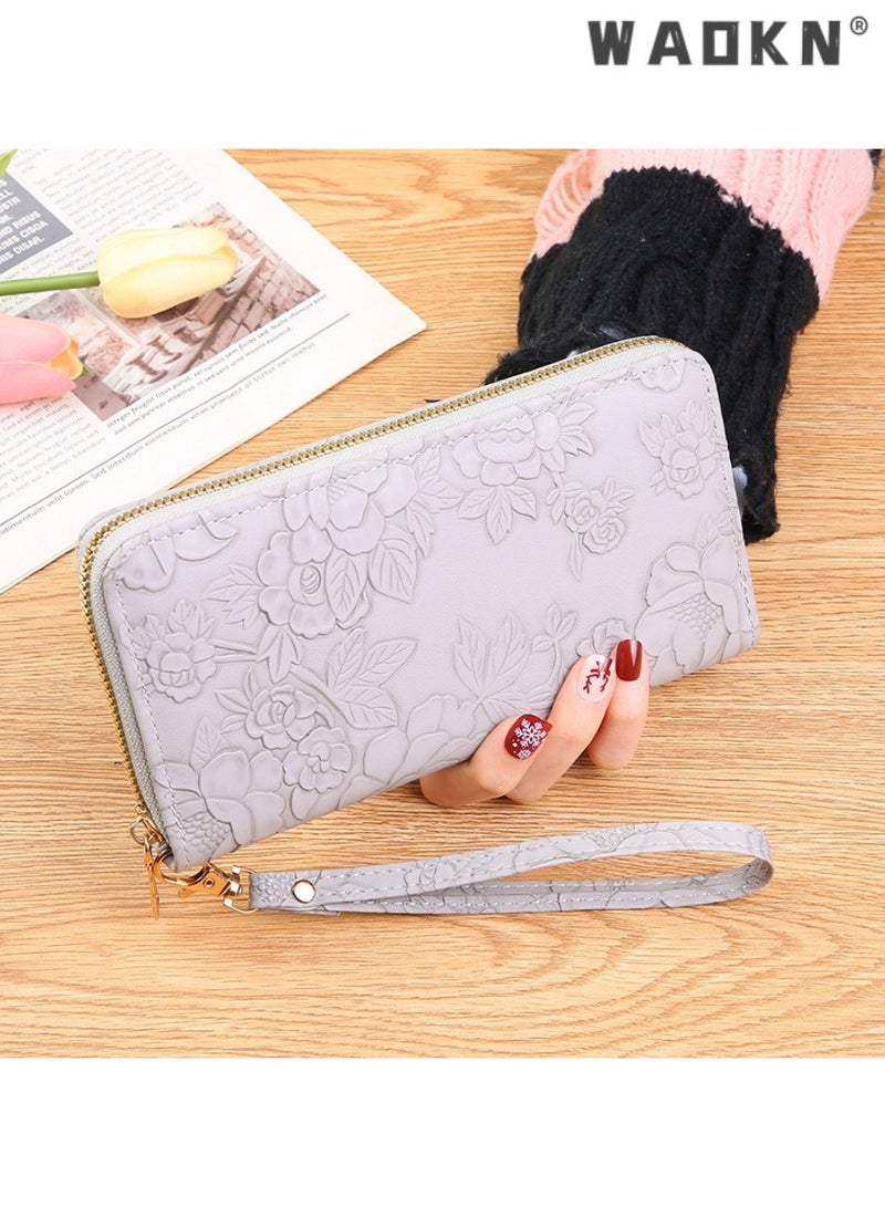 دبليو أيه أو كي أن أزياء جديدة طويلة سستة حقيبة يد ، الهاتف المحمول كبيرة بين طبقات ، نمط غرامة منقوش ، من السهل كليب المال ، عرض بسيط وأنيق محفظة نسائية الاتجاه ( رمادي ) - Image 1