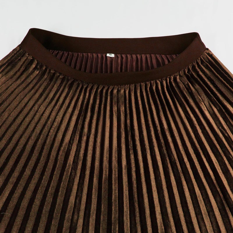 GOOBGS Women's Pleated A-Line High Waist Swing Flare Midi Skirt Velvet Brown Large/X-Large - Image 5