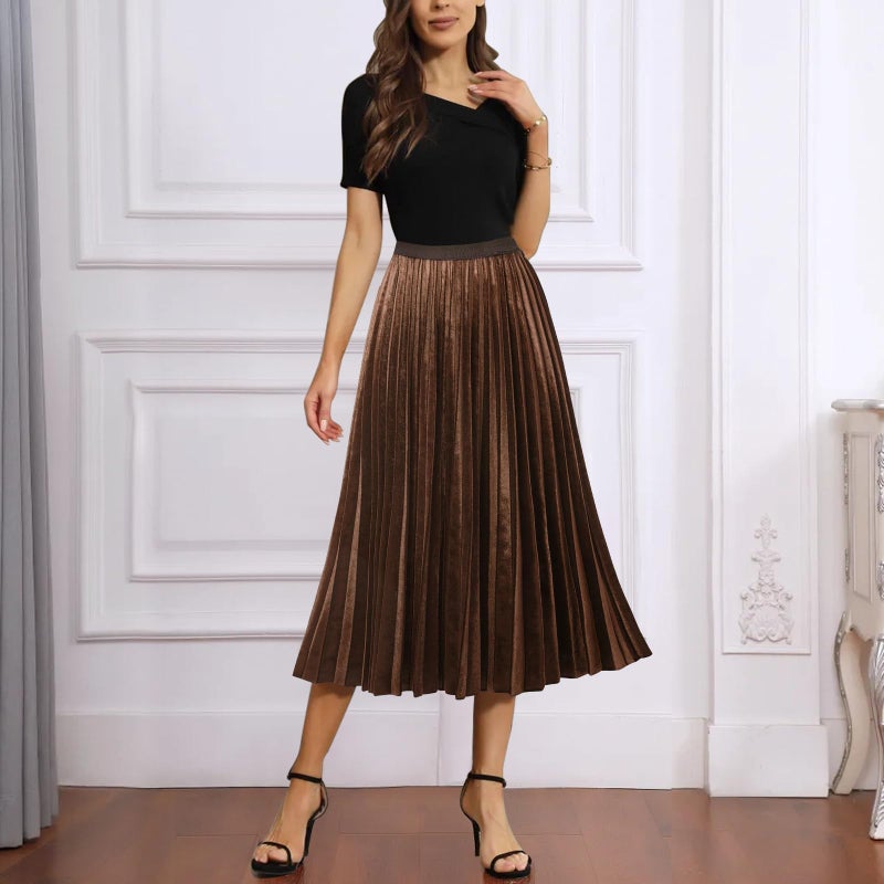 GOOBGS Women's Pleated A-Line High Waist Swing Flare Midi Skirt Velvet Brown Large/X-Large - Image 2