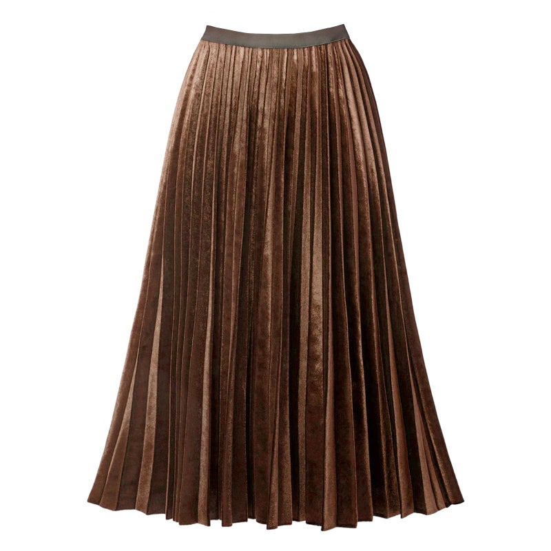 GOOBGS Women's Pleated A-Line High Waist Swing Flare Midi Skirt Velvet Brown Large/X-Large - Image 1