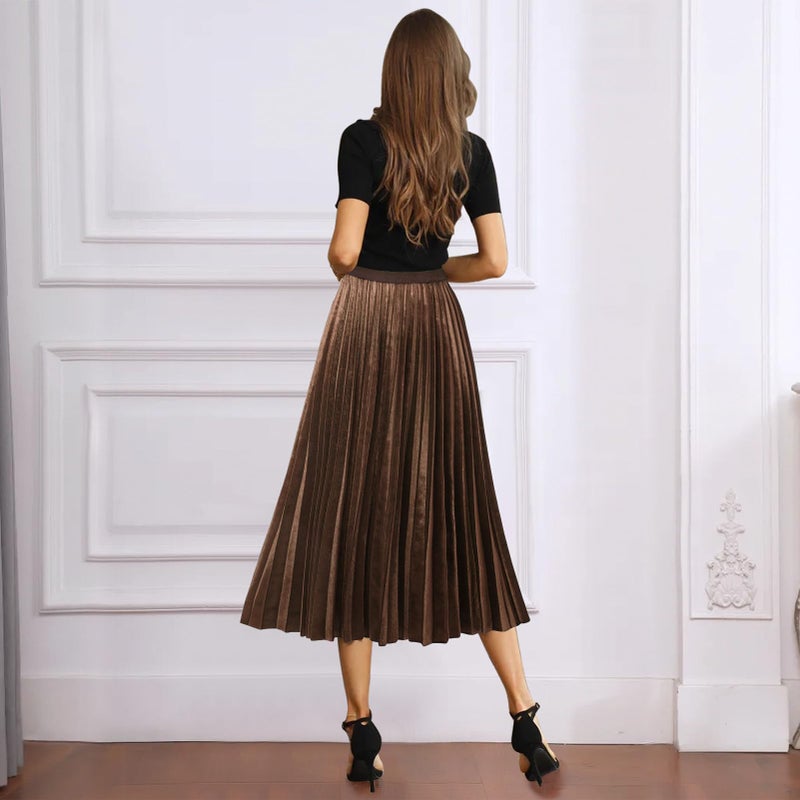 GOOBGS Women's Pleated A-Line High Waist Swing Flare Midi Skirt Velvet Brown Large/X-Large - Image 3