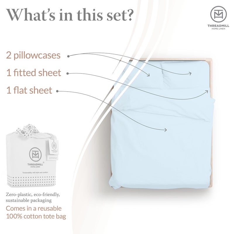 Threadmill Cotton Full Size Sheet Set  Deep Pocket  Fade Resistance  500 Thread Count  Solid 4-Piece Bed Sheets for Full Size Mattress (1 Flat  1 Fitted Sheet  2 Pillow Covers)  Light Blue - Image 2