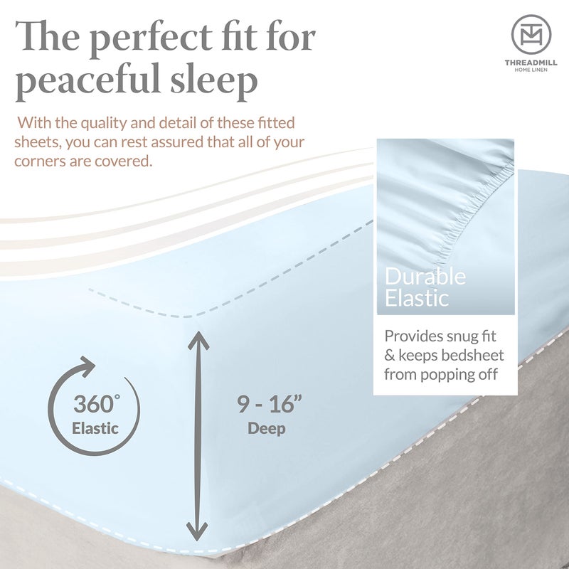 Threadmill Cotton Full Size Sheet Set  Deep Pocket  Fade Resistance  500 Thread Count  Solid 4-Piece Bed Sheets for Full Size Mattress (1 Flat  1 Fitted Sheet  2 Pillow Covers)  Light Blue - Image 3