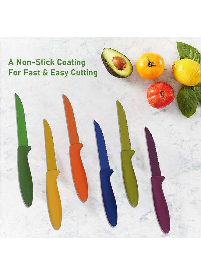 Colored Steak Knife 6-Pieces Set - High Carbon Stainless Steel Blades Multicolor Serrated And Plain Edges For Precision Slicing And Stylish Dining 6 Pieces