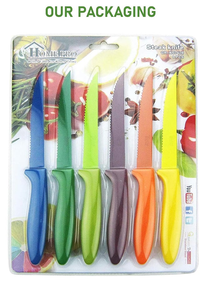 Colored Steak Knife 6-Pieces Set - High Carbon Stainless Steel Blades Multicolor Serrated And Plain Edges For Precision Slicing And Stylish Dining 6 Pieces
