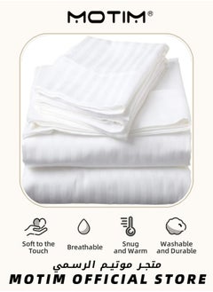 Motim 6 Piece Victorian Style Snow White Microfiber Satin Striped Double Bedsheet Set with 4 Pillow Covers  - Image 2
