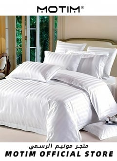 Motim 6 Piece Victorian Style Snow White Microfiber Satin Striped Double Bedsheet Set with 4 Pillow Covers  - Image 4