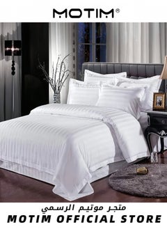 Motim 6 Piece Victorian Style Snow White Microfiber Satin Striped Double Bedsheet Set with 4 Pillow Covers  - Image 5