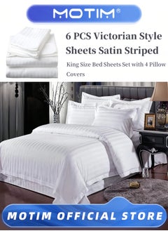 Motim 6 Piece Victorian Style Snow White Microfiber Satin Striped Double Bedsheet Set with 4 Pillow Covers  - Image 1