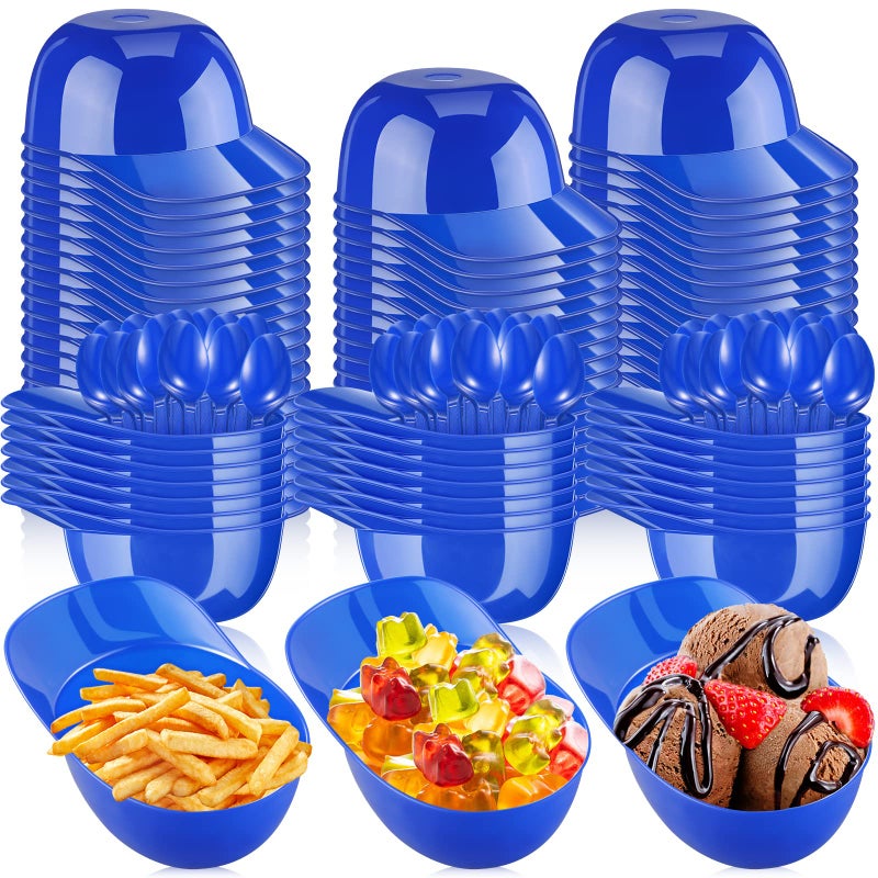 Nuogo Nuogo Plastic Baseball Hat Ice Cream Bowls Set of 100 with Spoons 180 oz Blue Classic Disposable