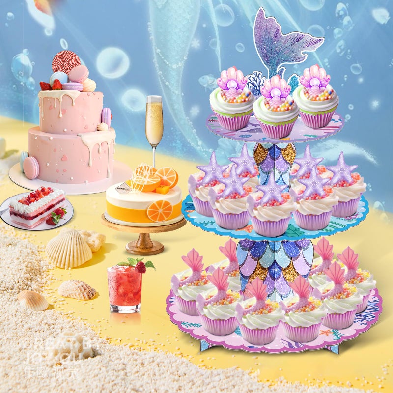 BACUTHY 2 Pack Mermaid Cupcake Stand Birthday Party Decorations, Under The Sea Supplies Favors with Mermaid Tail Toppers for Little Girl, Baby Shower - Image 2