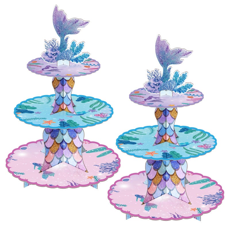 BACUTHY 2 Pack Mermaid Cupcake Stand Birthday Party Decorations, Under The Sea Supplies Favors with Mermaid Tail Toppers for Little Girl, Baby Shower - Image 1