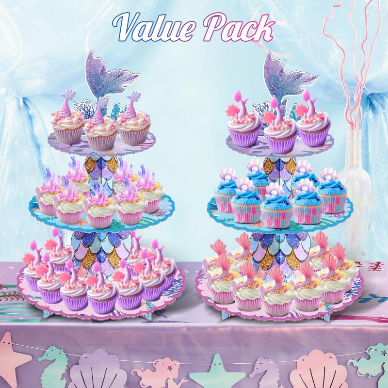 BACUTHY 2 Pack Mermaid Cupcake Stand Birthday Party Decorations, Under The Sea Supplies Favors with Mermaid Tail Toppers for Little Girl, Baby Shower - Image 5
