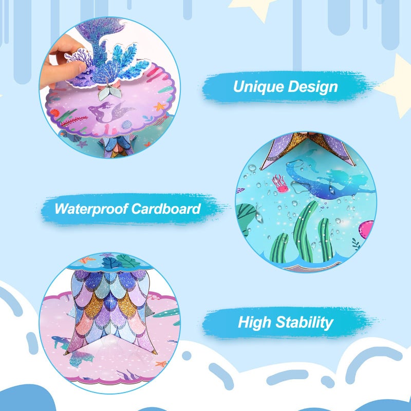 BACUTHY 2 Pack Mermaid Cupcake Stand Birthday Party Decorations, Under The Sea Supplies Favors with Mermaid Tail Toppers for Little Girl, Baby Shower - Image 4