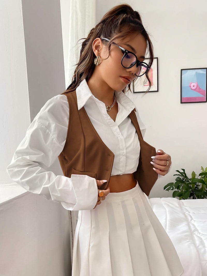 SweatyRocks سترة نسائية بدون أكمام من سويتي روكس، بلون بني، بحزام أمامي وزر، مقاس صغير - Image 4