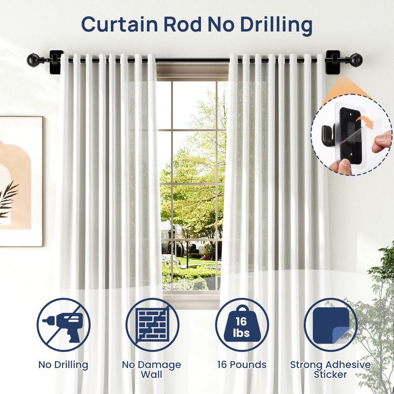 ENJOYBASICS No Drill Curtain Rods for Window 66 to 120 Inches, 5/8 Inch Diameter Renter Friendly Drapery Rod with Adhesive Brackets without Drilling, Adjustable from 27 to 130 Inches, Black - Image 5
