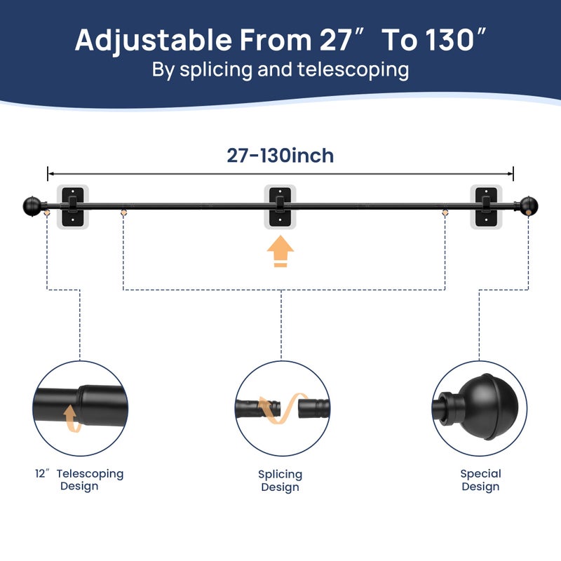 ENJOYBASICS No Drill Curtain Rods for Window 66 to 120 Inches, 5/8 Inch Diameter Renter Friendly Drapery Rod with Adhesive Brackets without Drilling, Adjustable from 27 to 130 Inches, Black - Image 3