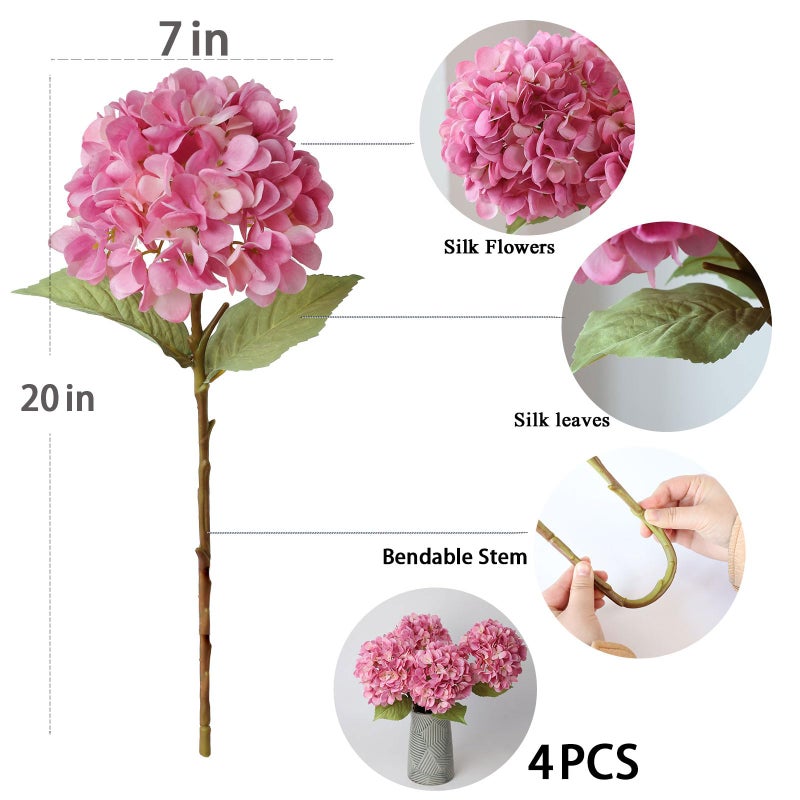 mizii 4Pcs Pink Artificial Hydrangea Flowers Large Fake Silk Hydrangea Flower with Leaves Stems Realistic Faux Hydrangeas Decorations for Wedding Table Centerpieces Vase Home Decor (Pink) - Image 2