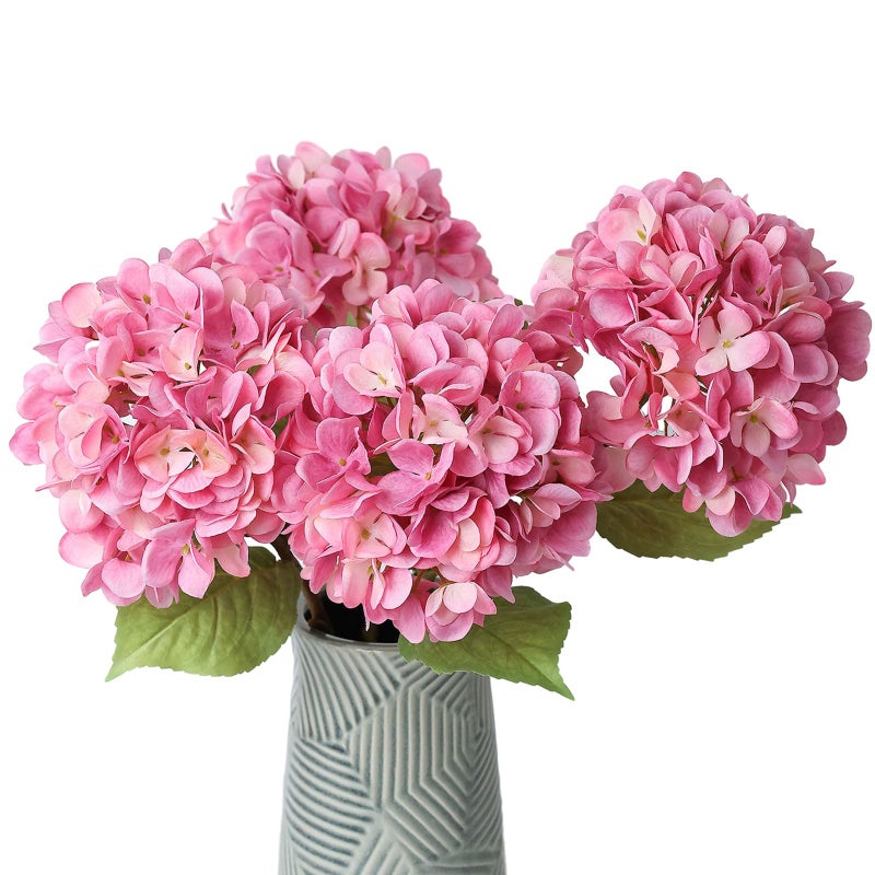 mizii 4Pcs Pink Artificial Hydrangea Flowers Large Fake Silk Hydrangea Flower with Leaves Stems Realistic Faux Hydrangeas Decorations for Wedding Table Centerpieces Vase Home Decor (Pink) - Image 1
