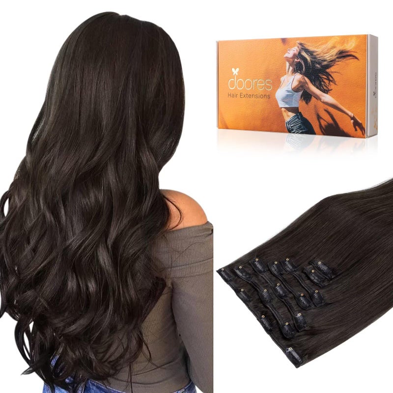 DOORES Human Hair Extensions Clip in Dark Brown 120g 7pcs 22 Inch Clip in Human Hair Extensions Real Natural Hair Straight