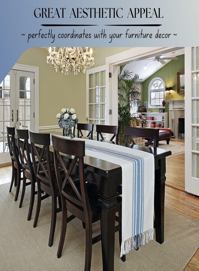 Native Fab Native Home Fab Pure Cotton Table Runner Farmhouse 90 Inches Long - Wedding Table Runners with Fringes, Parties Rustic Bridal Shower Decor Dining Table Runners 14x90 Blue White - Image 3