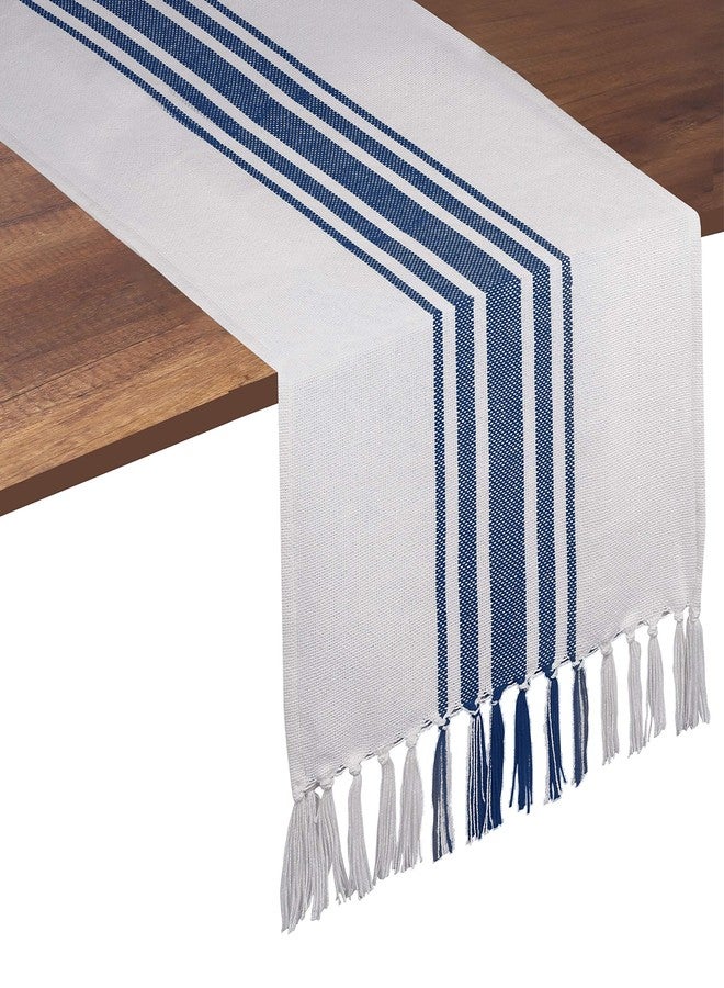 Native Fab Native Home Fab Pure Cotton Table Runner Farmhouse 90 Inches Long - Wedding Table Runners with Fringes, Parties Rustic Bridal Shower Decor Dining Table Runners 14x90 Blue White - Image 1
