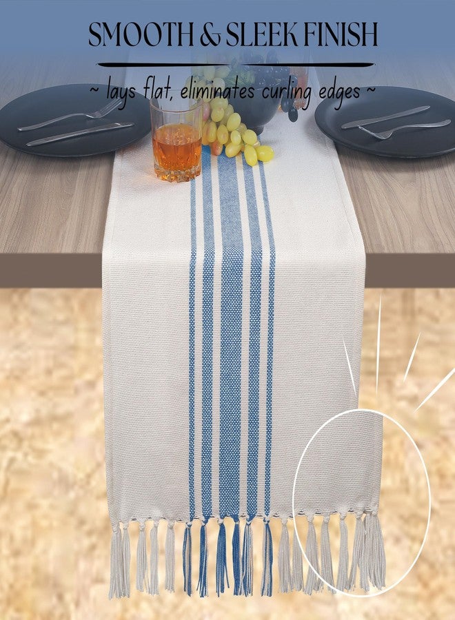 Native Fab Native Home Fab Pure Cotton Table Runner Farmhouse 90 Inches Long - Wedding Table Runners with Fringes, Parties Rustic Bridal Shower Decor Dining Table Runners 14x90 Blue White - Image 2