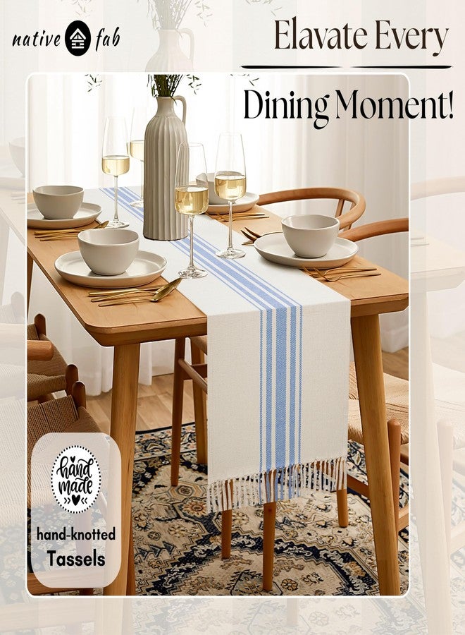 Native Fab Native Home Fab Pure Cotton Table Runner Farmhouse 90 Inches Long - Wedding Table Runners with Fringes, Parties Rustic Bridal Shower Decor Dining Table Runners 14x90 Blue White - Image 4