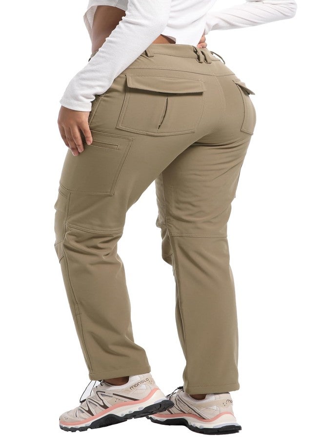 AREOUTS Women's Snow Ski Pants Fleece Lined Waterproof Softshell Insulated Winter Outdoor Hiking Cargo Pants, Khaki, L - Image 3